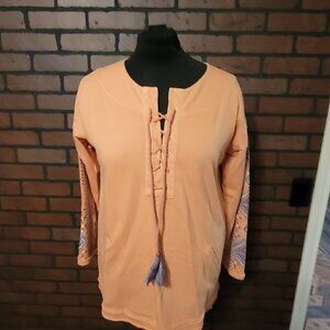 Tru Luxe Orange Sweatshirt.  3/4 length sleeves with embroidery detail